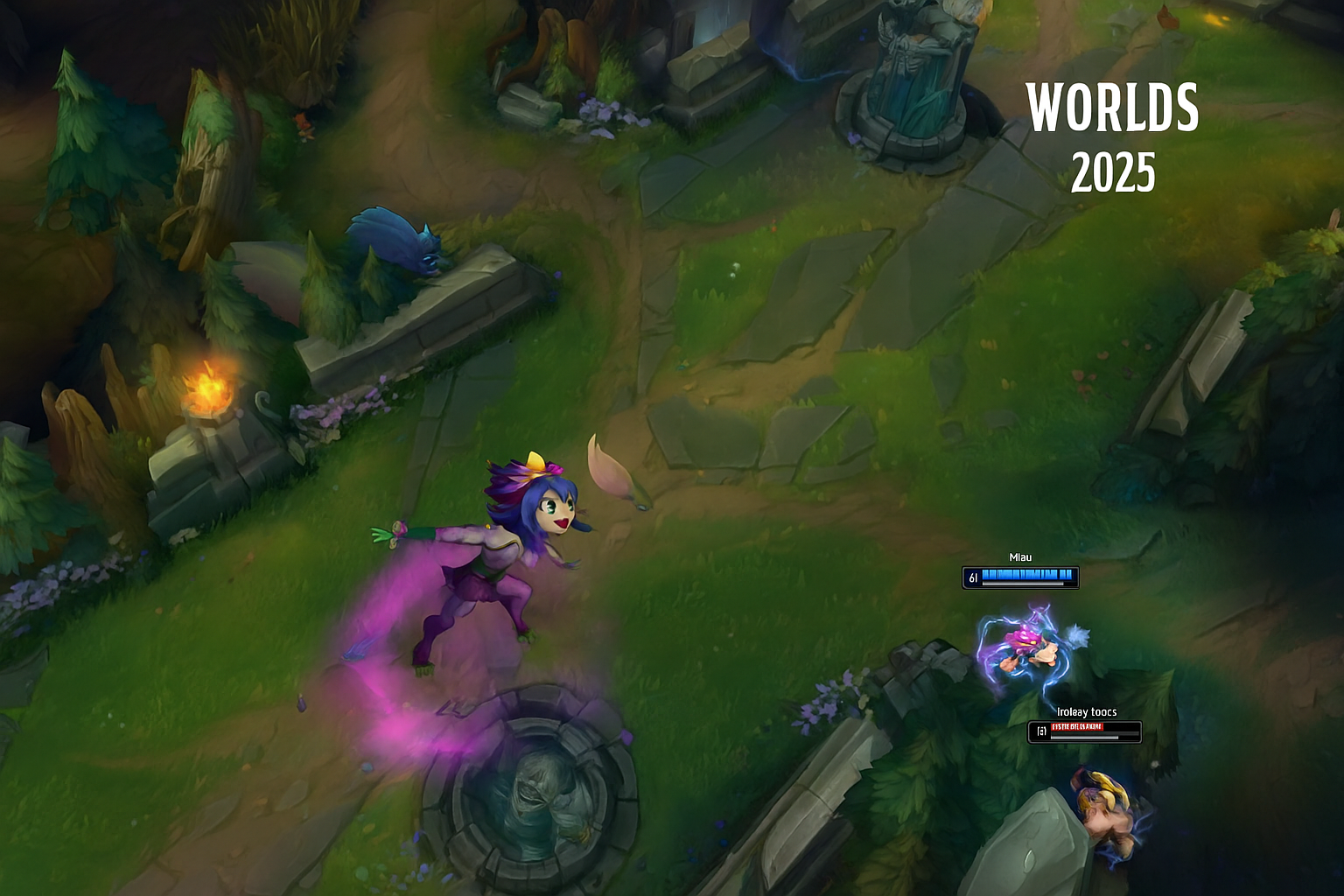 Neeko usando su habilidad para atrapar enemigos en una partida profesional de Worlds 2025 en League of Legends.