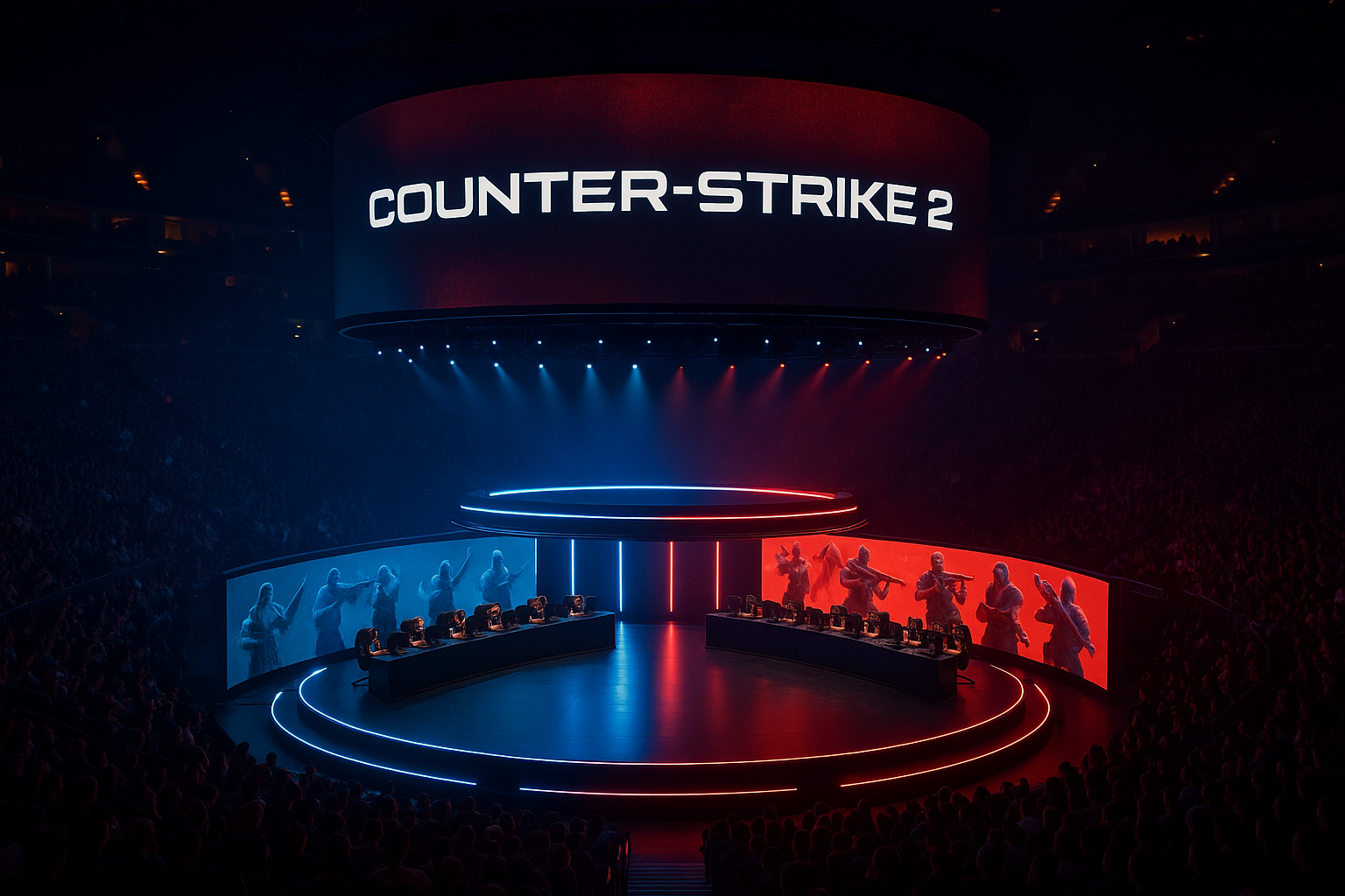 Escenario del Budapest Major 2025 de CS2 con luces azules y rojas, mostrando a los equipos compitiendo frente a un público lleno.
