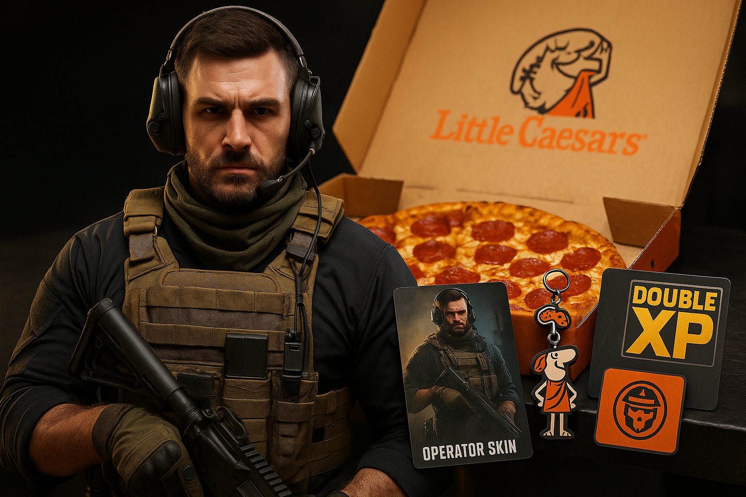 Soldado de Black Ops 7 con pizza de Little Caesars y recompensas promocionales del evento especial 2025.