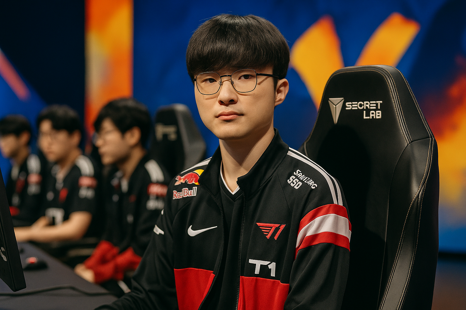 Faker de T1 concentrado en el escenario de Worlds 2025 en Chengdu, representando la fuerza y experiencia del equipo coreano.