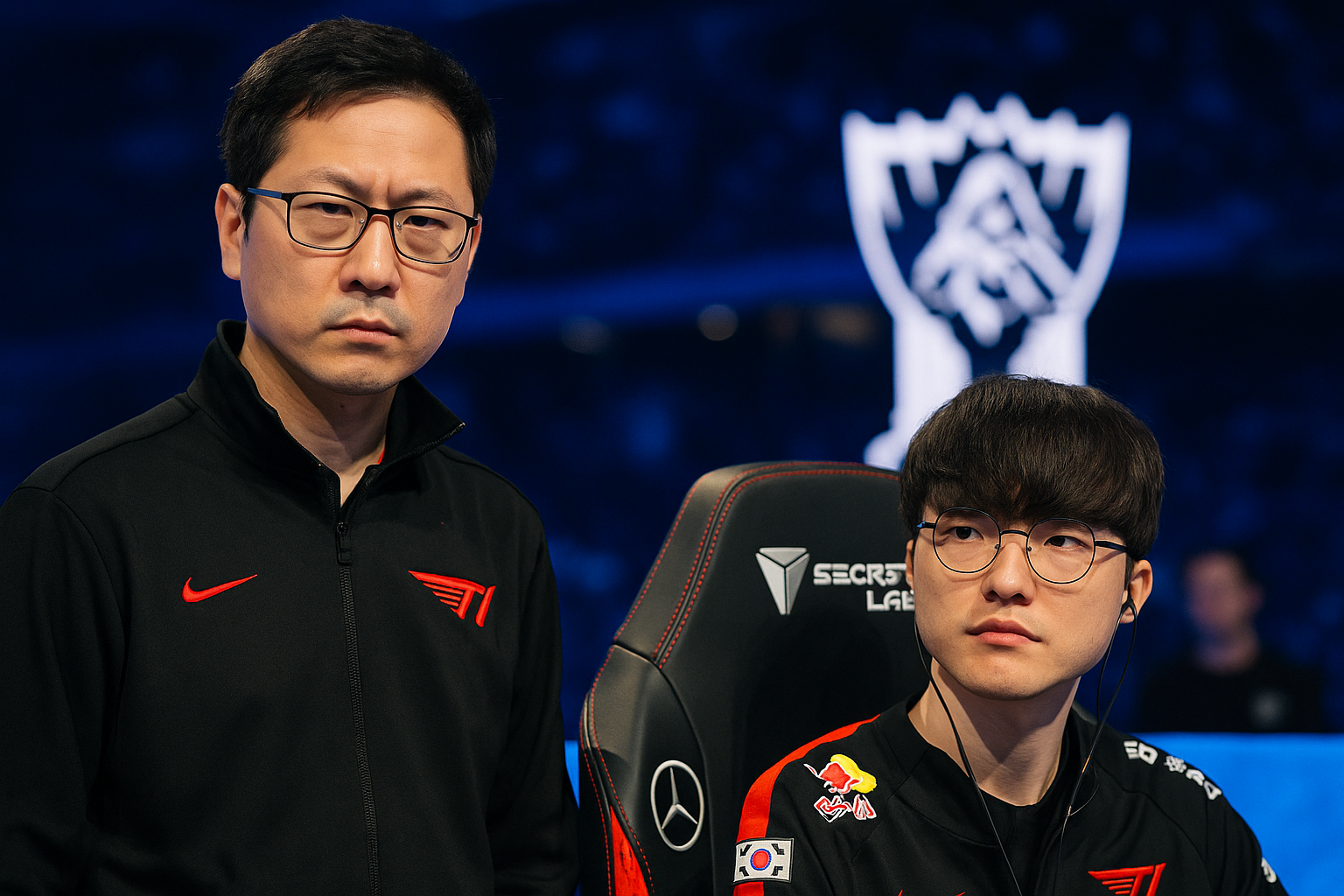 kkOma y Faker de T1 concentrados antes de una partida en Worlds 2025, representando la experiencia y liderazgo del equipo coreano.