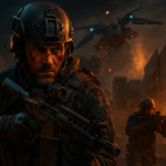 Soldado futurista en combate nocturno durante la guerra del año 2035 en Black Ops 7, con explosiones y drones de fondo, estilo realista.