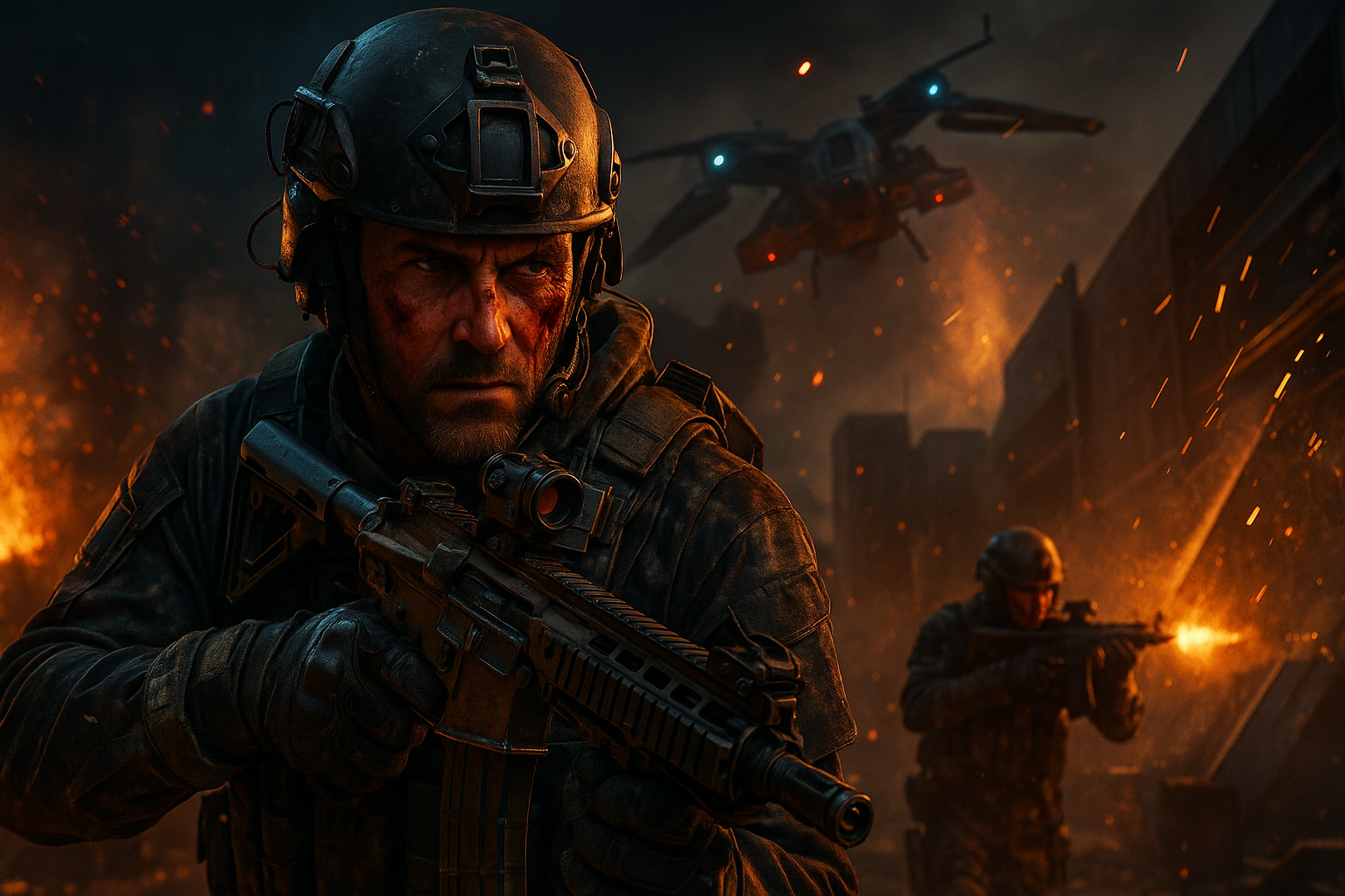 Soldado futurista en combate nocturno durante la guerra del año 2035 en Black Ops 7, con explosiones y drones de fondo, estilo realista.