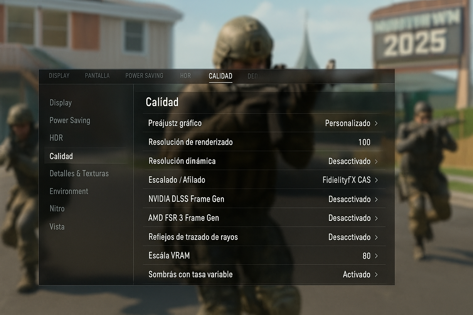 Configuración gráfica de Call of Duty Black Ops 7 en PC mostrando menú de ajustes y soldados en Nuketown 2025, ideal para optimizar FPS y rendimiento.