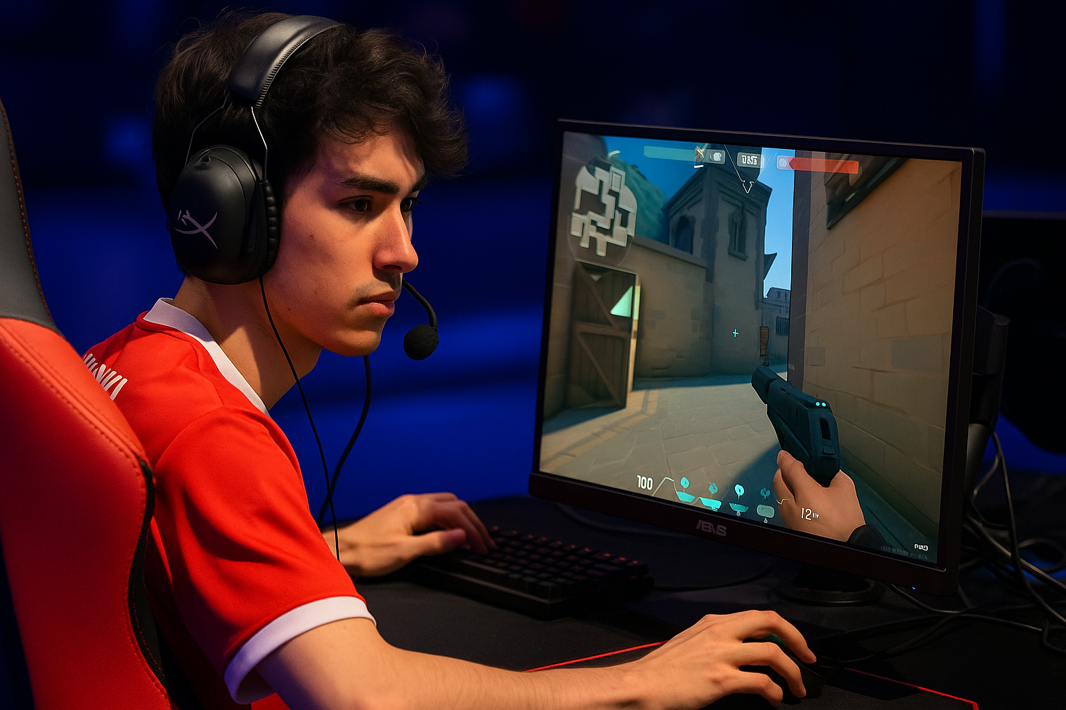 Jugador profesional chileno concentrado jugando VALORANT en un torneo de e-sports, con setup gamer, luces de neón y ambiente competitivo.
