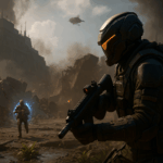 Soldados futuristas combatiendo en Avalon con armaduras tecnológicas y efectos de energía en Black Ops 7 Endgame, ambiente bélico con luces intensas.