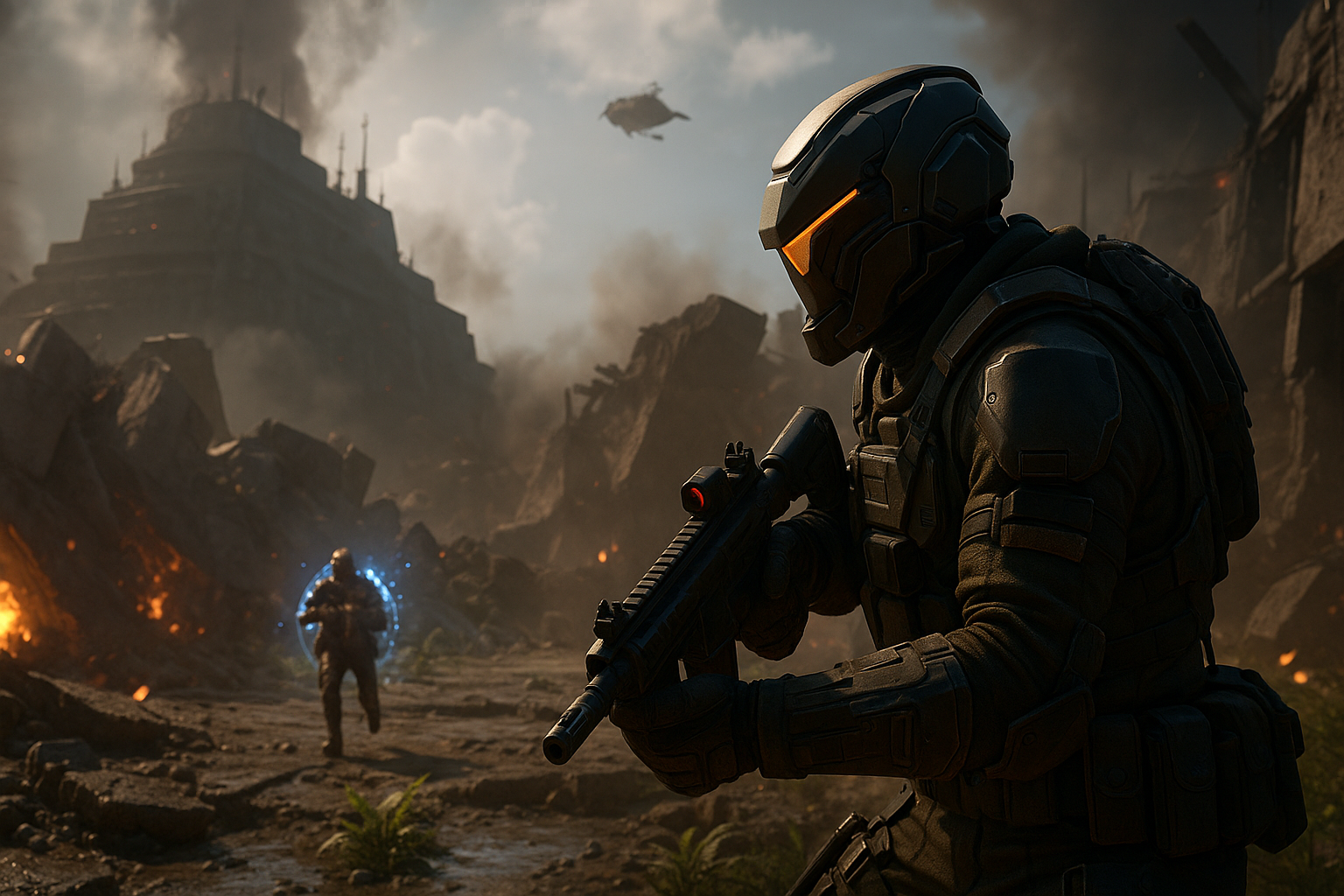 Soldados futuristas combatiendo en Avalon con armaduras tecnológicas y efectos de energía en Black Ops 7 Endgame, ambiente bélico con luces intensas.