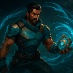 Harbor controlando el agua con su artefacto en un entorno futurista, con tonos azules brillantes y ambiente de combate en VALORANT.