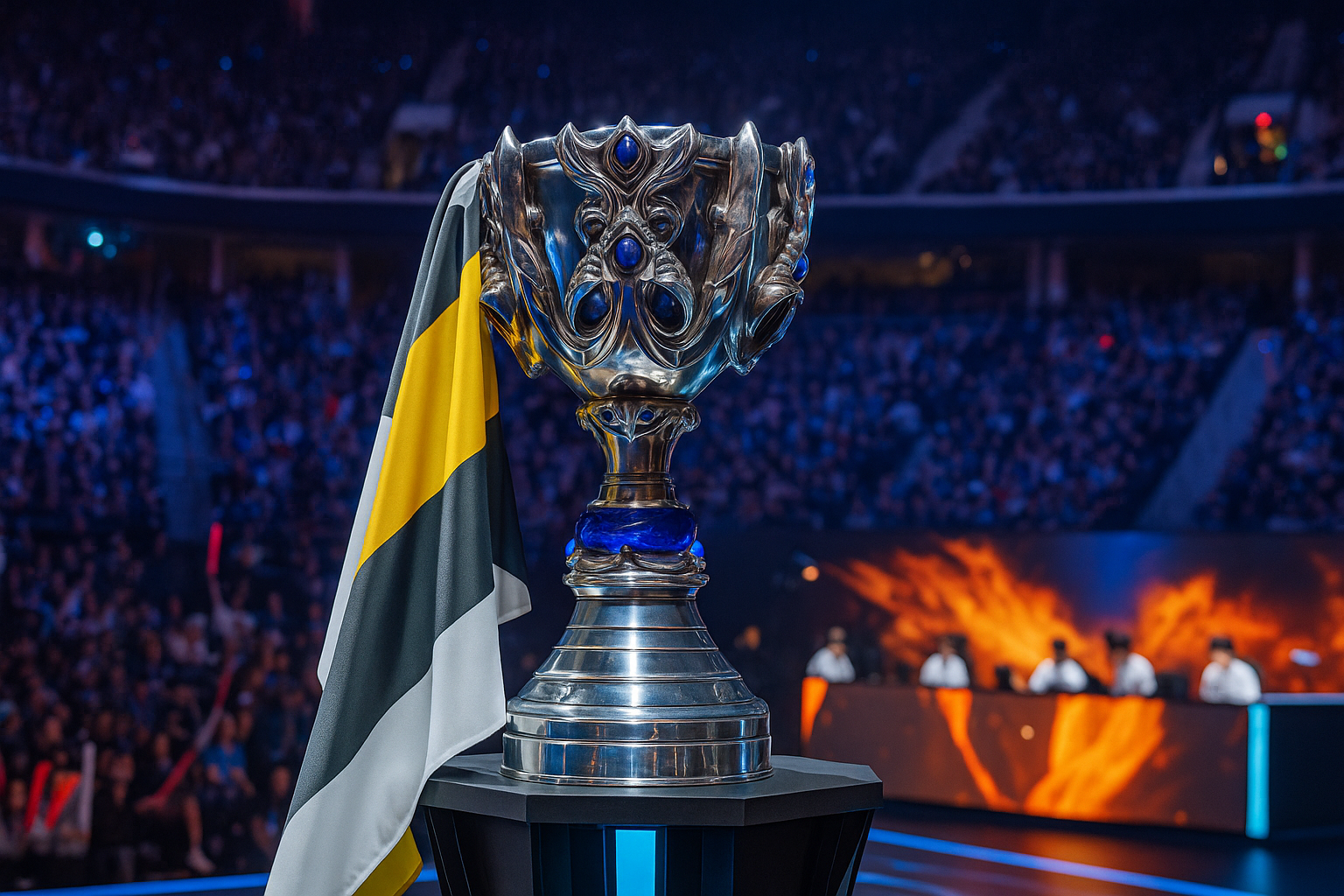 La Copa del Invocador en el escenario del Worlds 2025, rodeada de luces azules y doradas, con jugadores compitiendo y público en un estadio lleno.