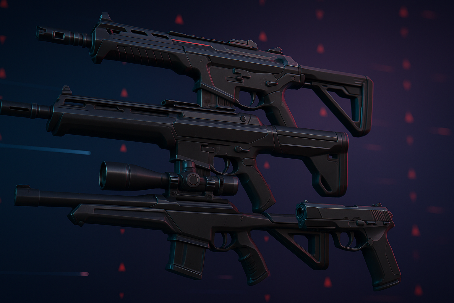 Armas icónicas de VALORANT — Vandal, Phantom, Operator y Ghost — dispuestas sobre un fondo futurista con luces de neón azul y rojo.
