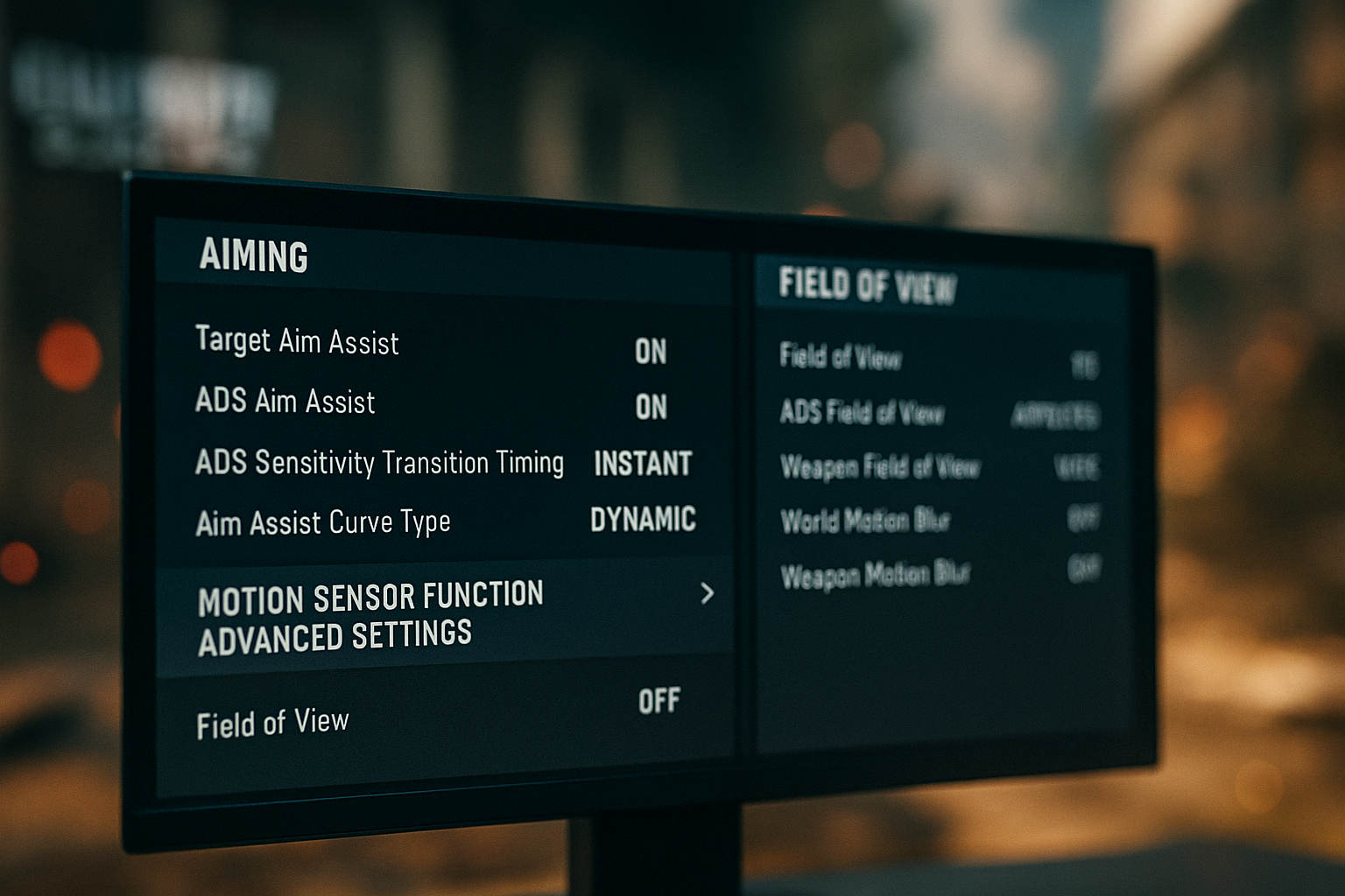 Configuración de ayuda de puntería en Black Ops 7 mostrada en pantalla, con opciones de sensibilidad y campo de visión en un ambiente de e-sports futurista.