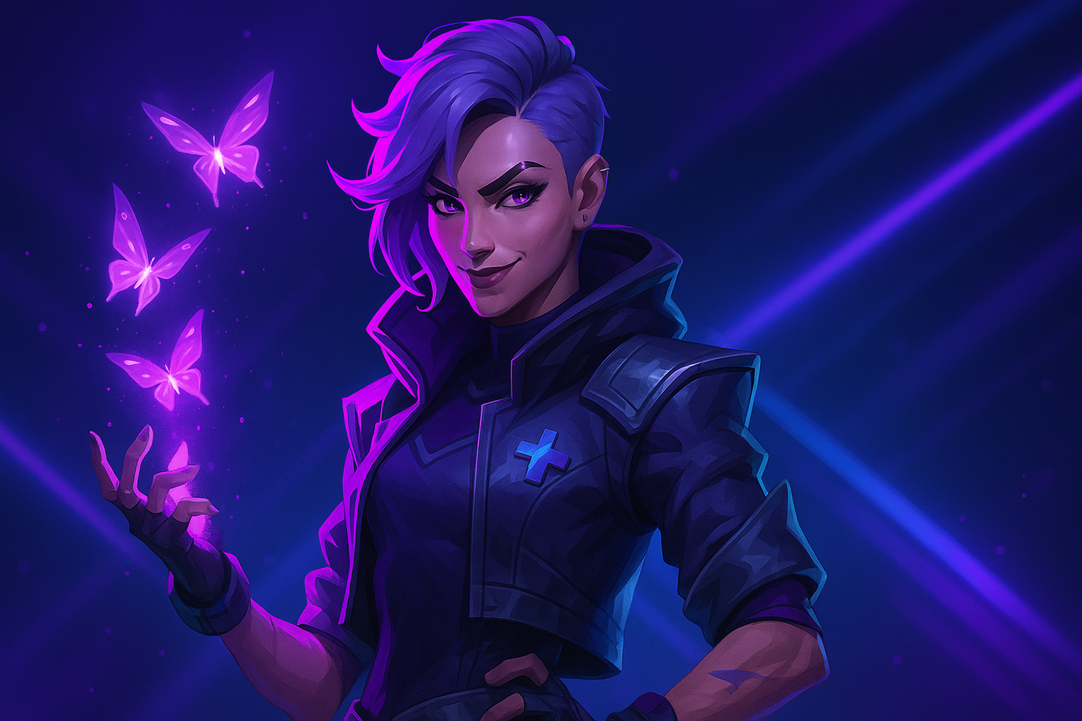 Clove de VALORANT controlando sus mariposas de energía morada en un ambiente futurista con luces azules y violetas.