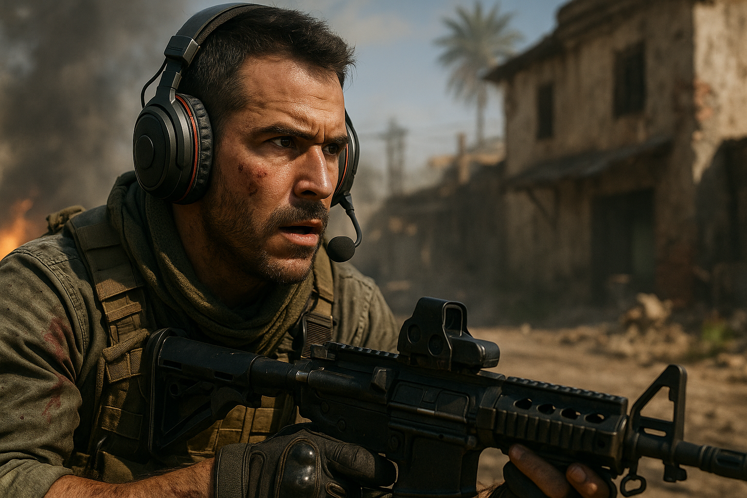 Soldado de Black Ops 7 usando audífonos tácticos en medio de una zona de combate, concentrado en detectar sonidos enemigos.