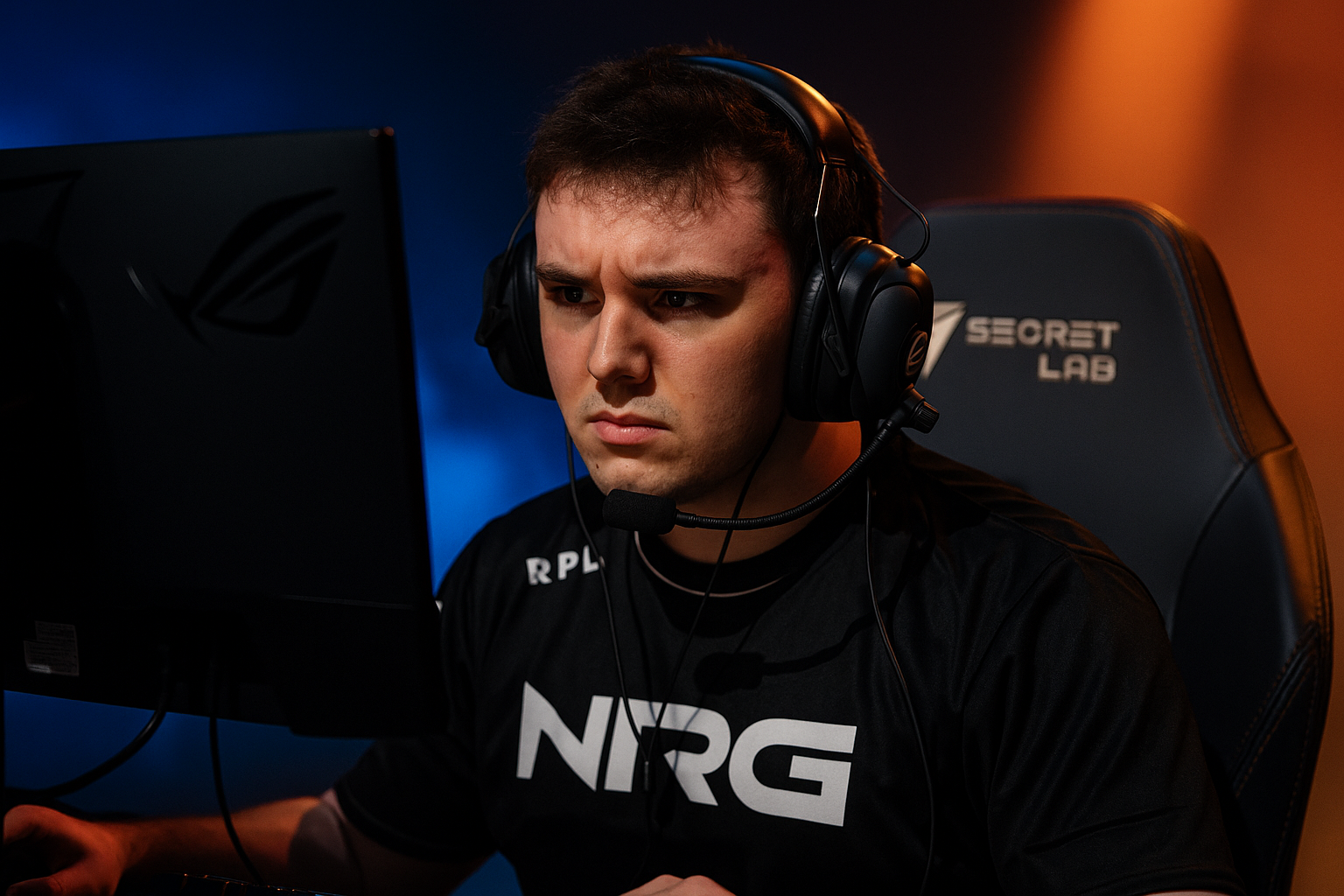Jugador profesional de VALORANT de NRG concentrado frente a su monitor en un torneo con luces rojas y azules.