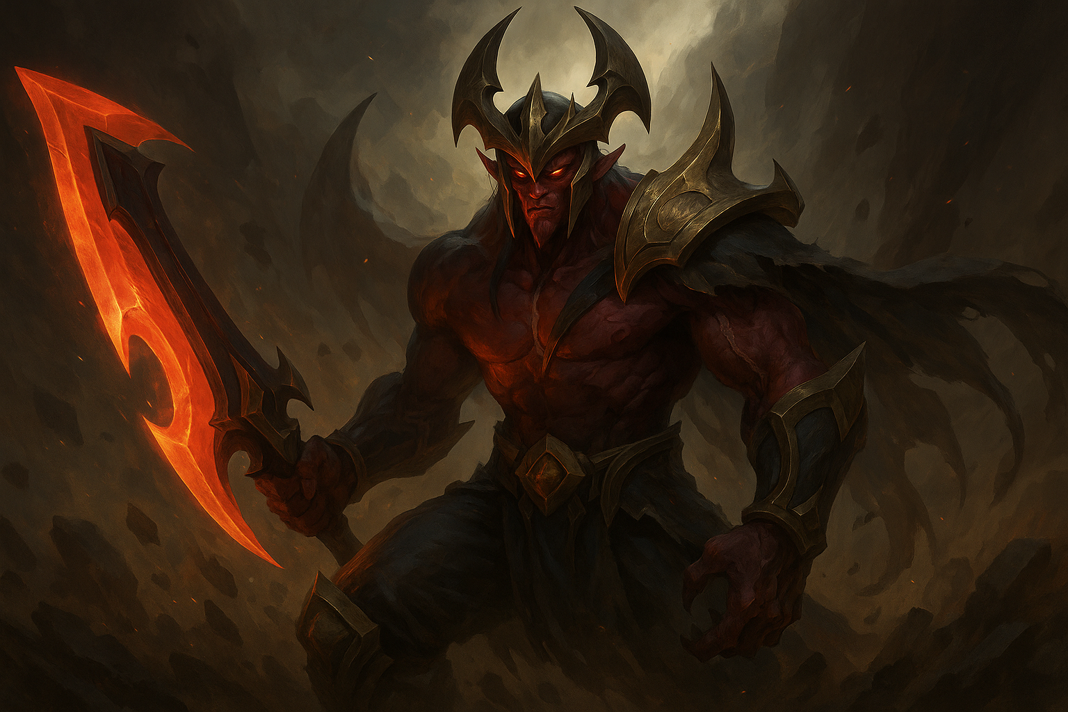 Zaahen, el nuevo campeón Darkin de League of Legends, en una épica batalla con su guja ardiente y energía demoníaca.