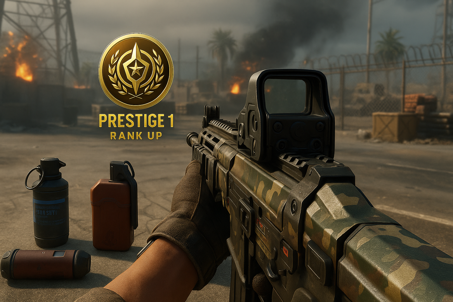 Jugador subiendo de Prestige en Black Ops 7 con armas y equipo táctico en un entorno de combate