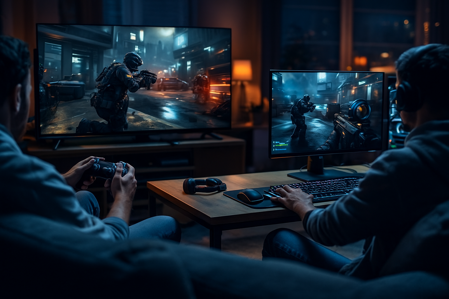 Jugadores chilenos ajustando el crossplay en Black Ops 7 entre consola y PC en un ambiente gamer de e-sports