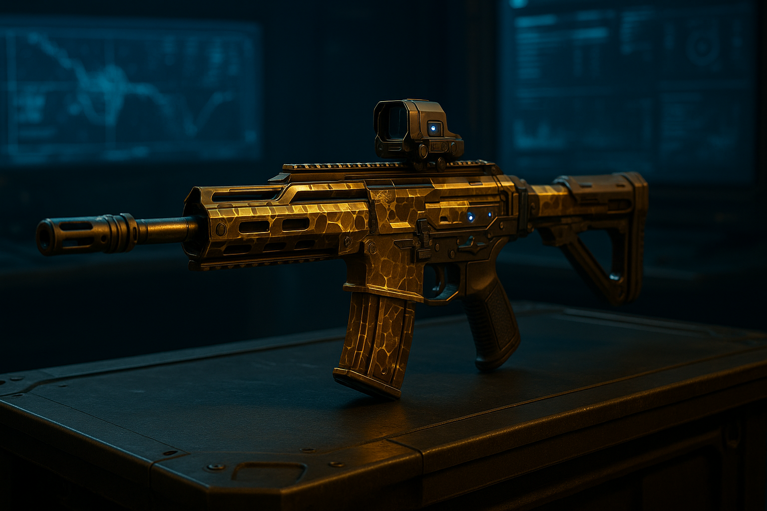 Rifle futurista con camo de prestigio en Black Ops 7 mostrando progreso máximo de arma en un entorno competitivo de e-sports