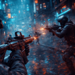 Jugador con rifle de asalto futurista en un mapa nocturno de Black Ops 7 durante una partida competitiva de e-sports