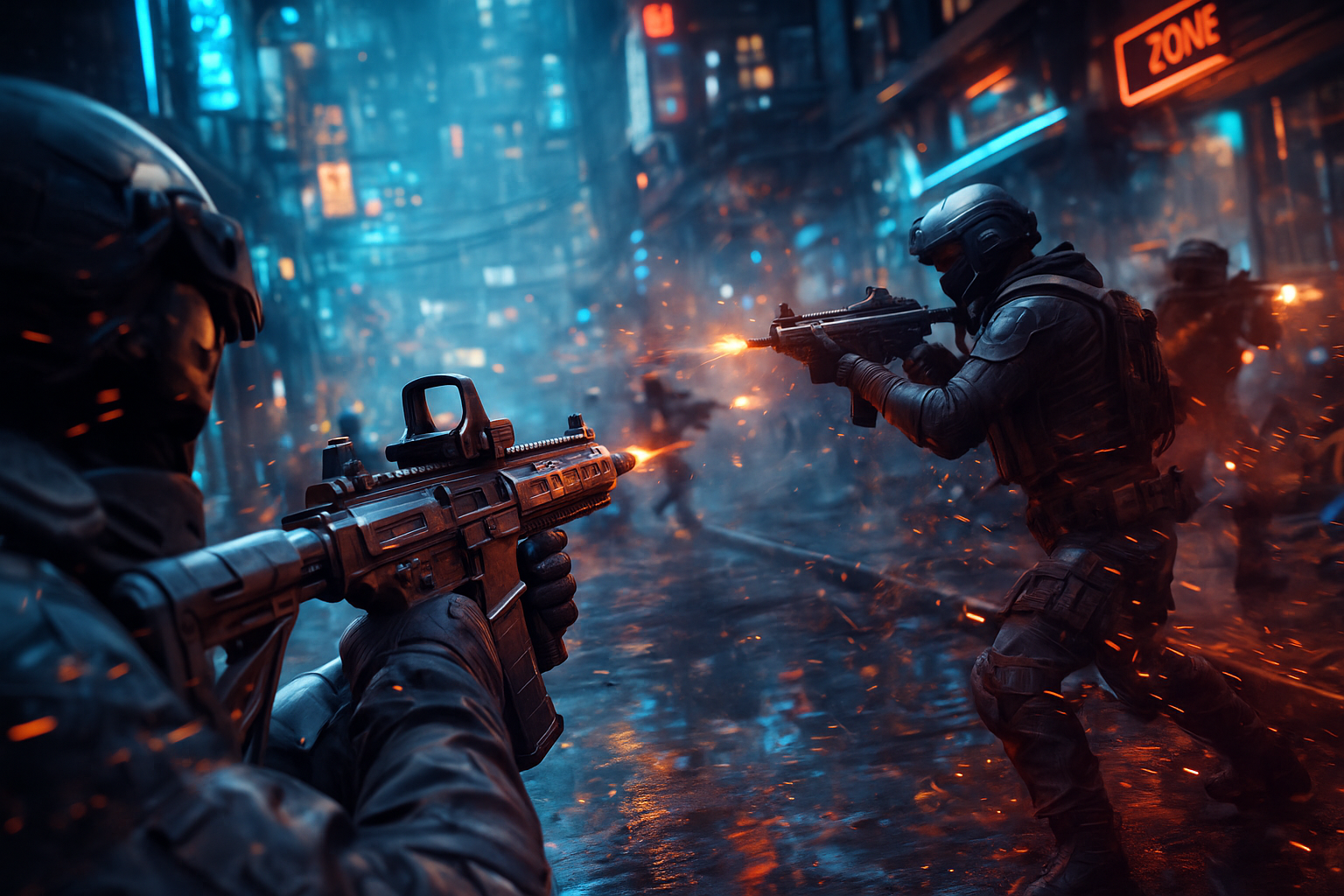 Jugador con rifle de asalto futurista en un mapa nocturno de Black Ops 7 durante una partida competitiva de e-sports