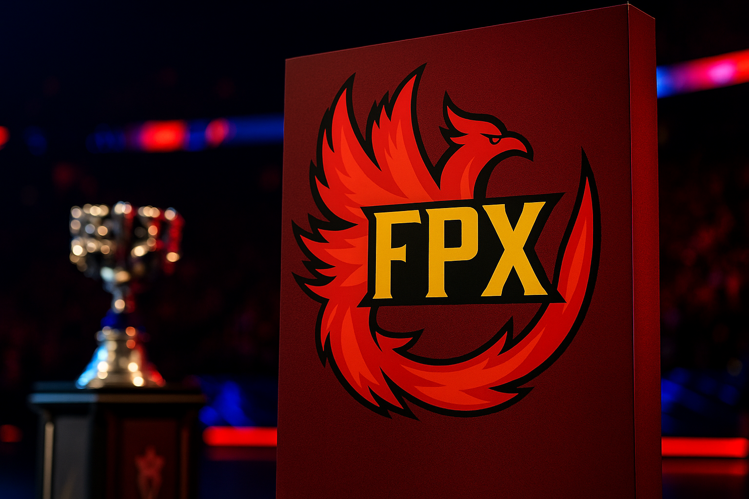 Escenario de League of Legends con un equipo chino de e-sports despidiéndose frente al trofeo mundial y un público encendiendo luces rojas
