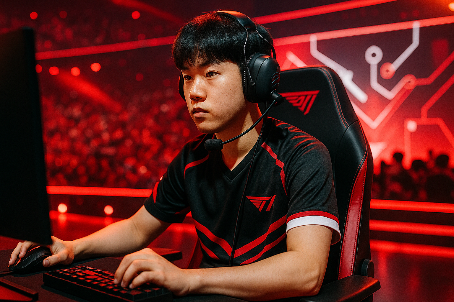 Peyz sentado en el escenario de League of Legends con colores inspirados en T1, listo para debutar como nuevo ADC