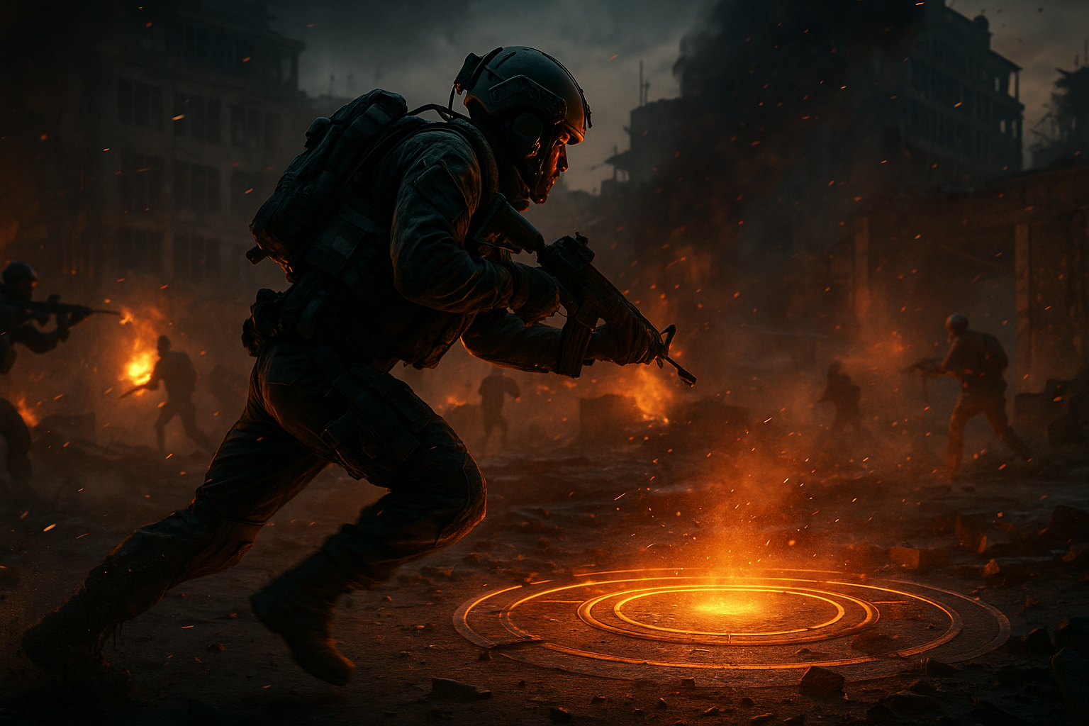 Jugador defendiendo la zona de objetivo en un techo urbano nocturno, con explosiones y rivales empujando el punto en Black Ops 7.