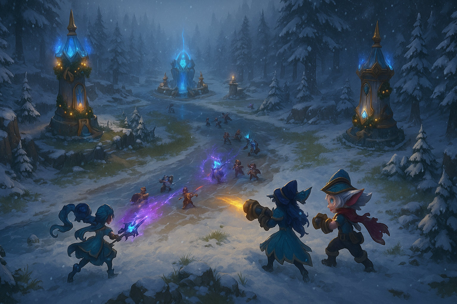 Mapa Winter Rift de League of Legends con Tristana y Gwen Rain Shepherd peleando en medio de la nieve durante el parche 25.23.