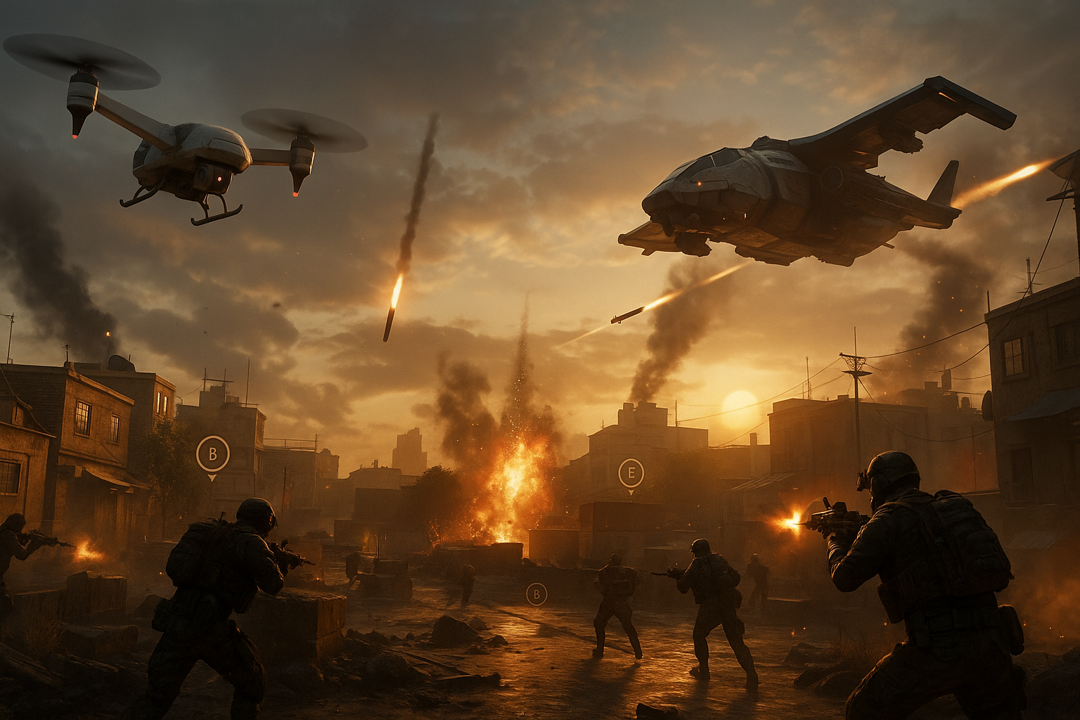 UAV y VTOL atacando desde el cielo en un mapa urbano de Black Ops 7, mostrando las mejores Scorestreaks usadas en multijugador competitivo.