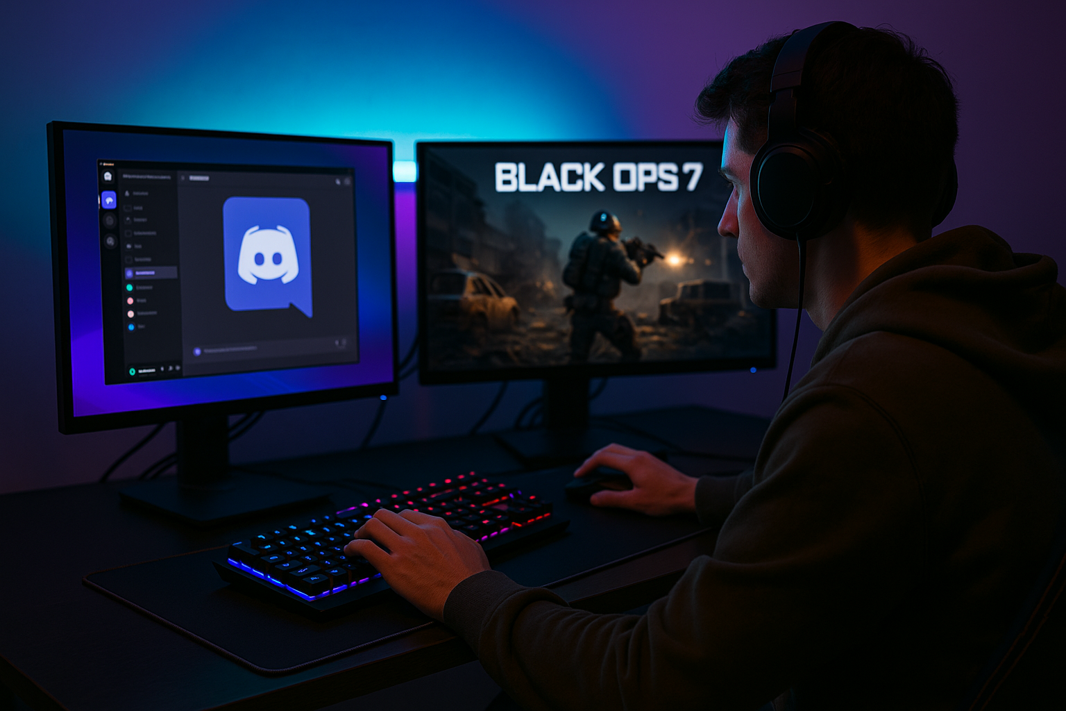 Jugador completando la quest de Discord de Black Ops 7 en su PC, con luces neón moradas y una tarjeta Disco Soldier en pantalla.