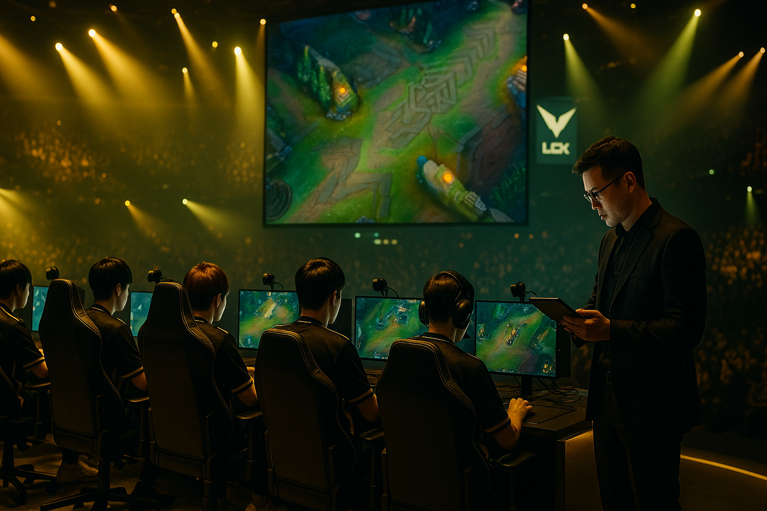 Coach Ryu y los jugadores de Gen.G en el escenario de League of Legends, revisando tácticas antes de un partido importante de LCK 2026.