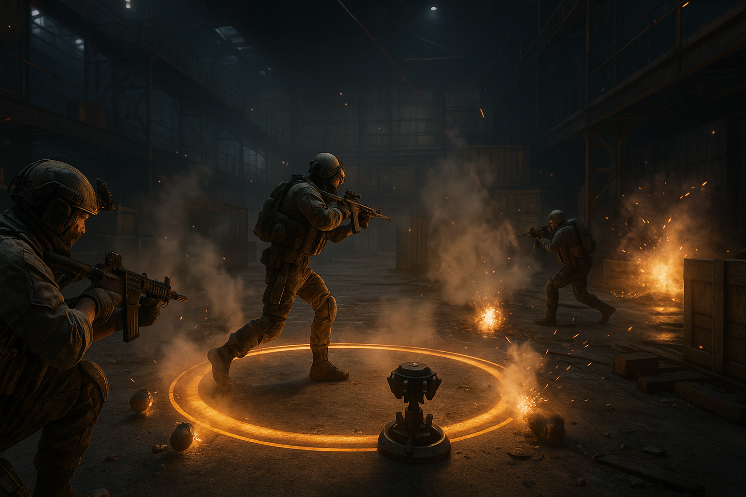 Equipo defendiendo el punto de Hardpoint en un mapa industrial de Black Ops 7 con Trophy System y granadas explotando alrededor.