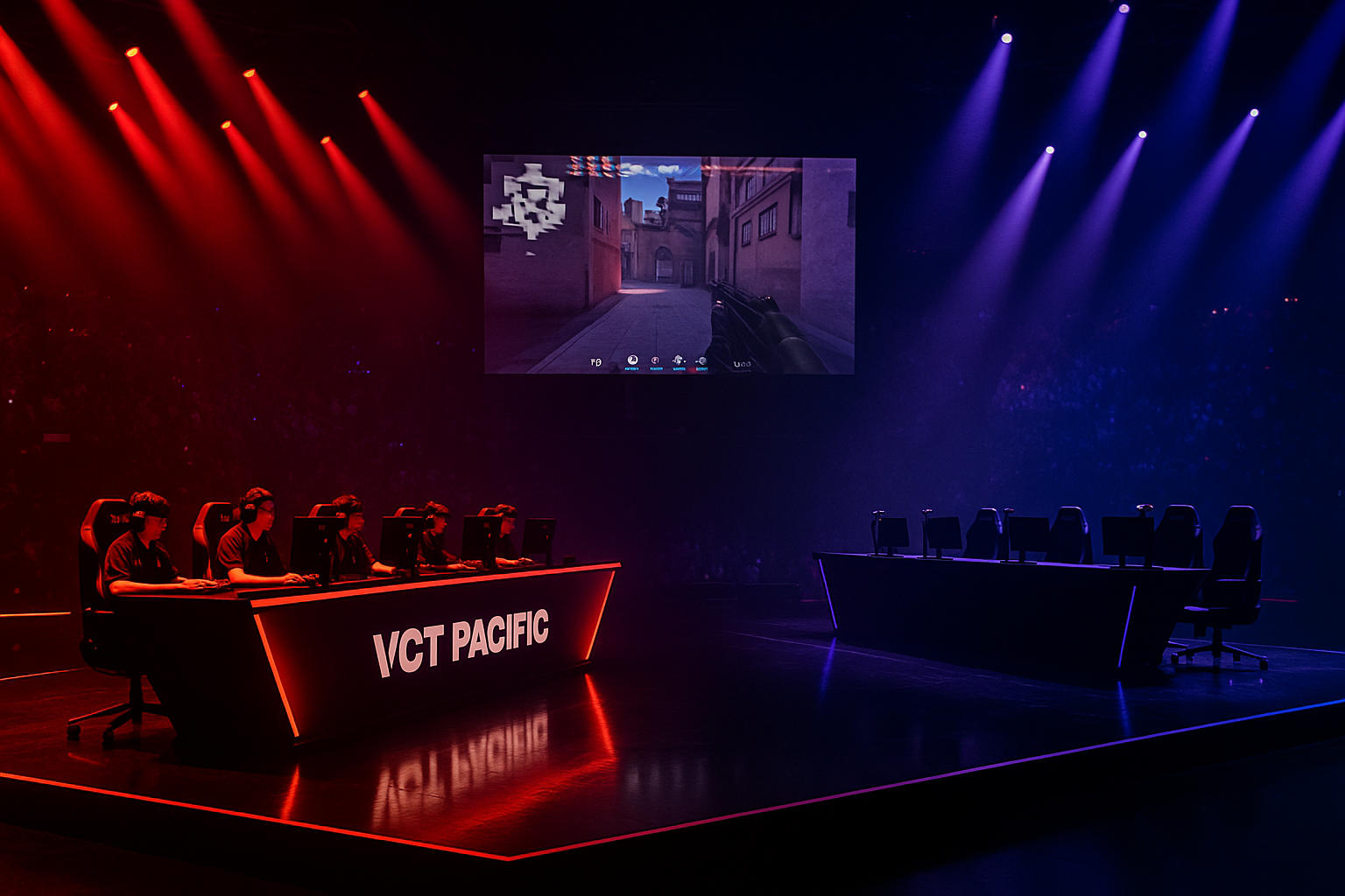 Escenario de VCT Pacific con un lado del equipo iluminado y el otro vacío, representando la salida de TALON de la liga de VALORANT.