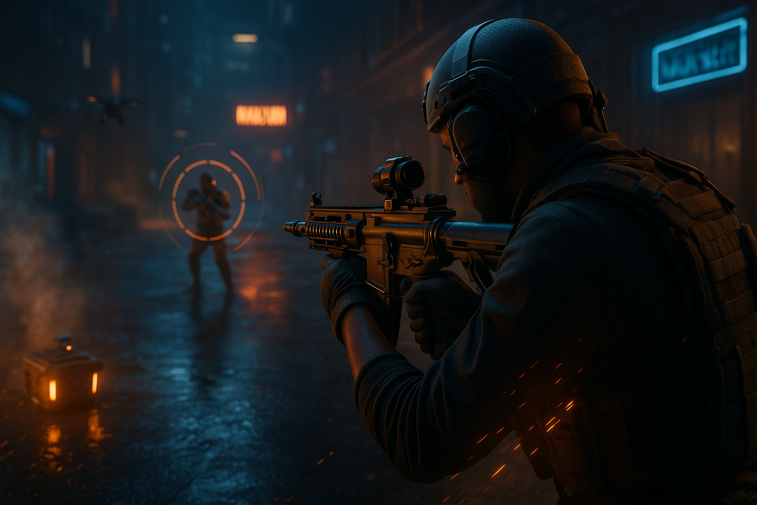 Soldado apuntando con aim assist mejorado mientras un Drone Pod lanza pocos drones en un mapa urbano futurista de Black Ops 7.