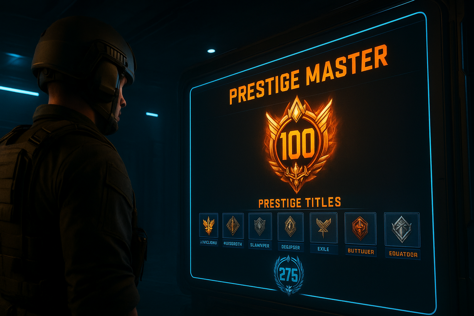 Jugador de Black Ops 7 revisando su nivel Prestige Master con colores y títulos personalizados en una pantalla futurista.