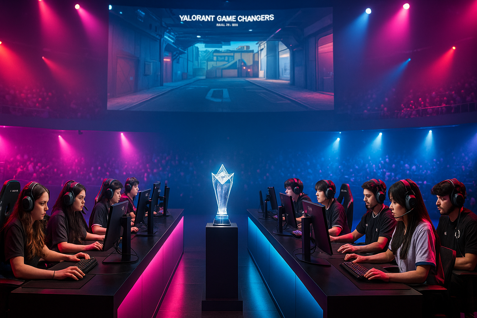 Escenario del VALORANT Game Changers 2025 en Seúl con dos equipos compitiendo y un trofeo iluminado al centro.