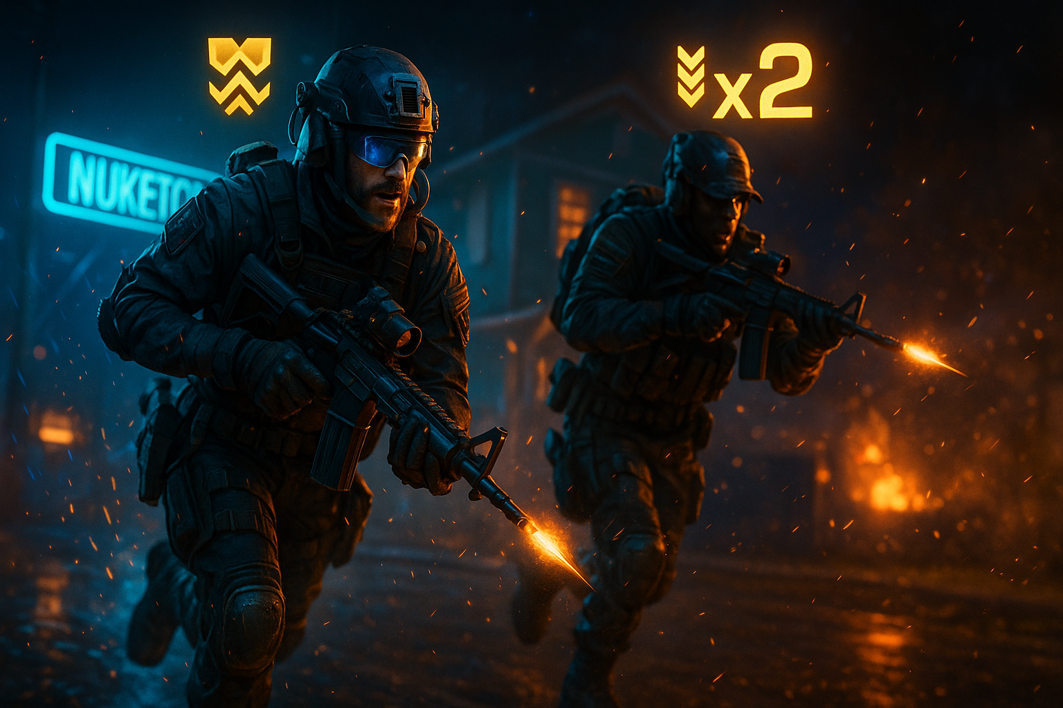 Operadores de Black Ops 7 peleando en Nuketown durante un evento de doble XP con efectos de luces y explosiones.