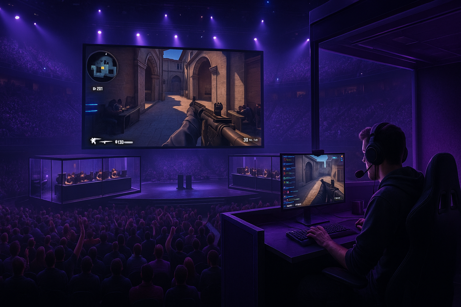 Escenario del StarLadder CS2 Major con equipos compitiendo y un streamer co-transmitiendo desde una cabina lateral, sin logos de apuestas visibles.