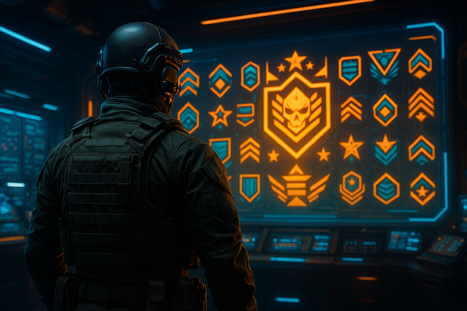 Jugador revisando sus rangos y niveles de Prestigio en una sala de mando futurista inspirada en Black Ops 7.