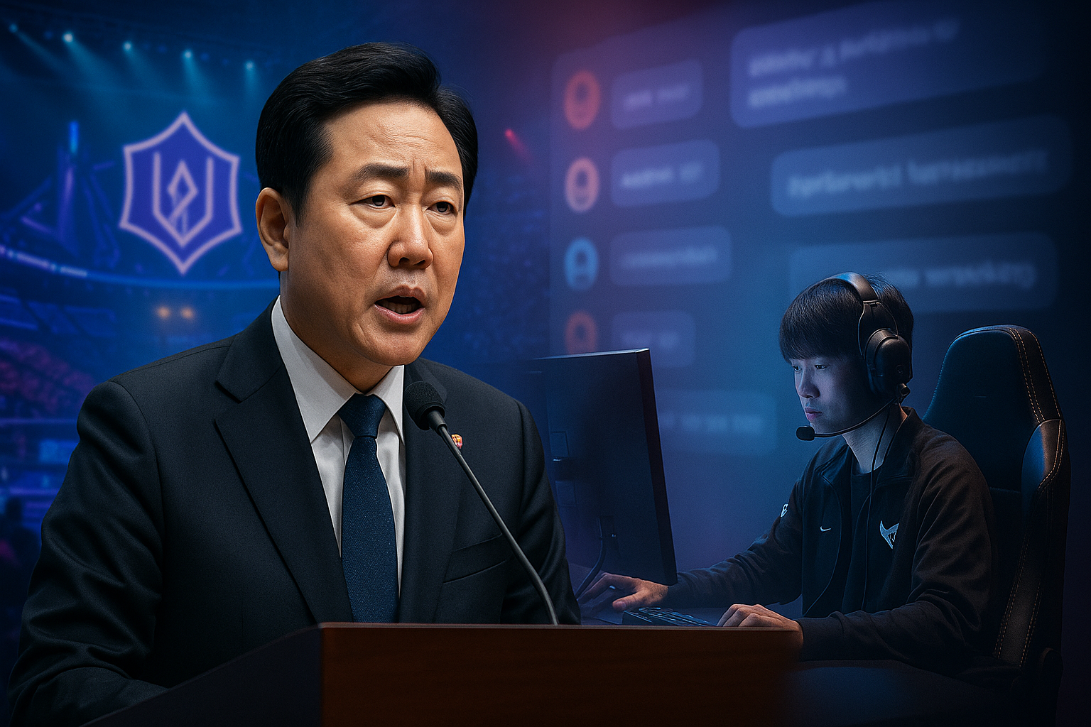 Autoridad coreana hablando frente a un fondo de estadio de LoL y redes sociales borrosas, simbolizando el acoso online contra jugadores como Gumayusi.