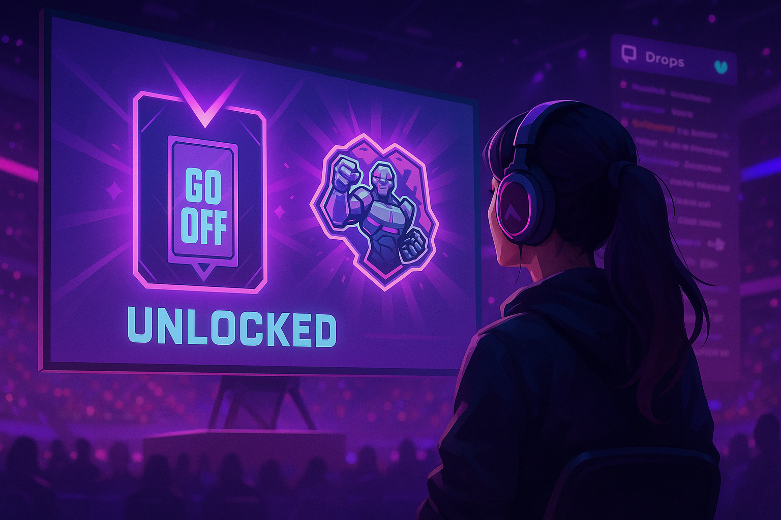 Jugadora de VALORANT viendo cómo se desbloquean drops en pantalla durante el Game Changers Championship 2025.