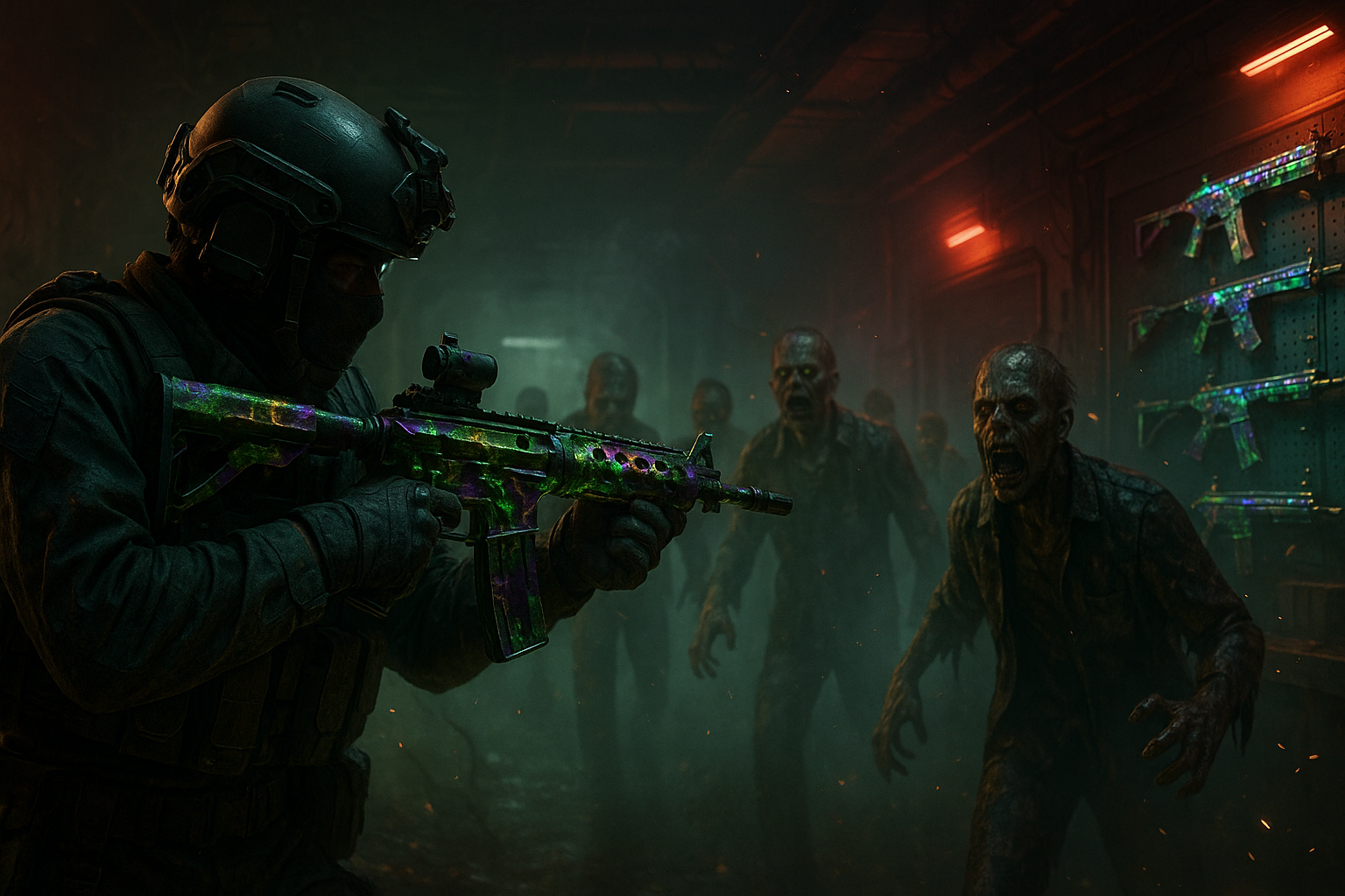Operador de Black Ops 7 Zombies rodeado de no muertos mostrando armas con camuflajes brillantes en un búnker oscuro.