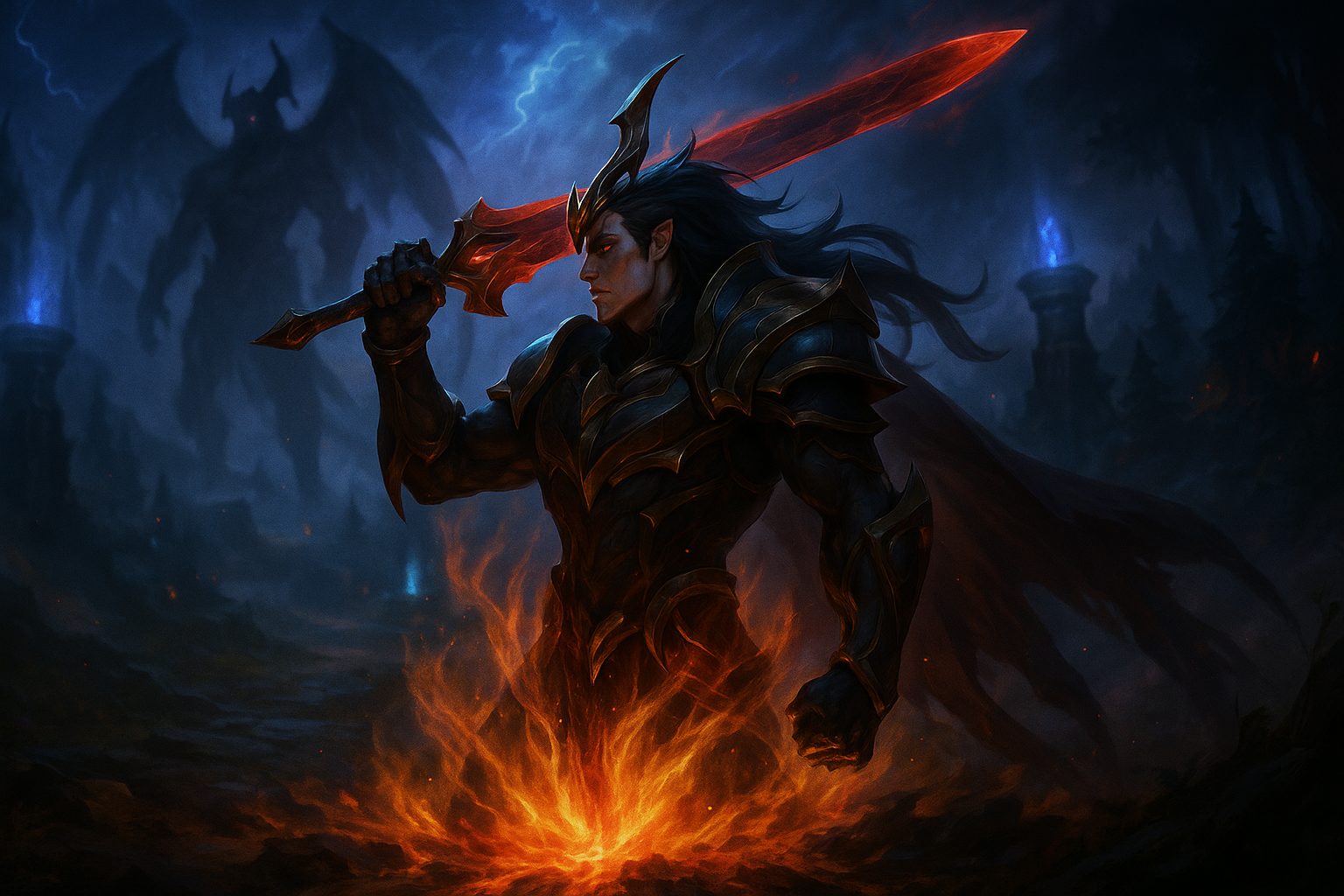 Nuevo campeón Zaahen resucitando en plena pelea en la Grieta, con un Darkin antiguo insinuado al fondo, inspirado en League of Legends.