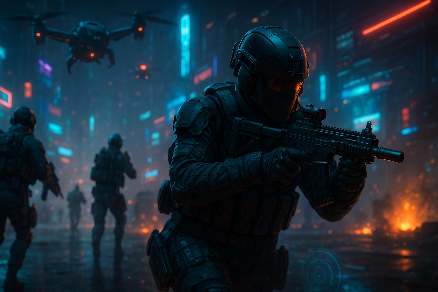 Soldados futuristas de Black Ops 7 luchando en un mapa nocturno con drones y acción competitiva de e-sport