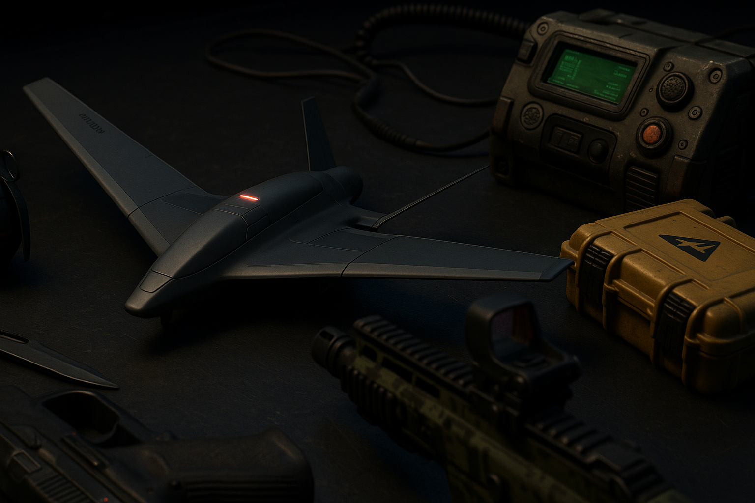 UAV futurista de Black Ops 7 rodeado de granada, rifle y equipo táctico sobre una mesa oscura