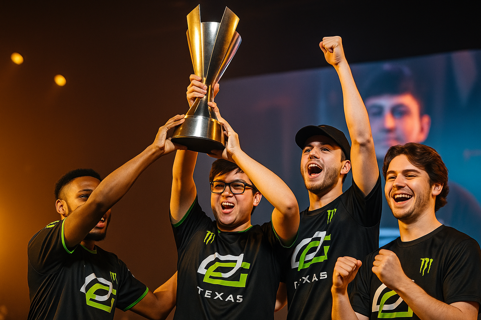 Jugadores de OpTic Texas levantando el trofeo de campeones del Monster Launch Invitational en el escenario