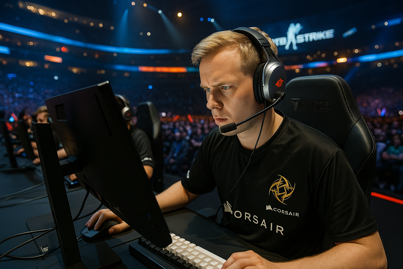 Jugador profesional de Counter-Strike concentrado en su PC durante el StarLadder Budapest Major 2025 en una arena llena de público