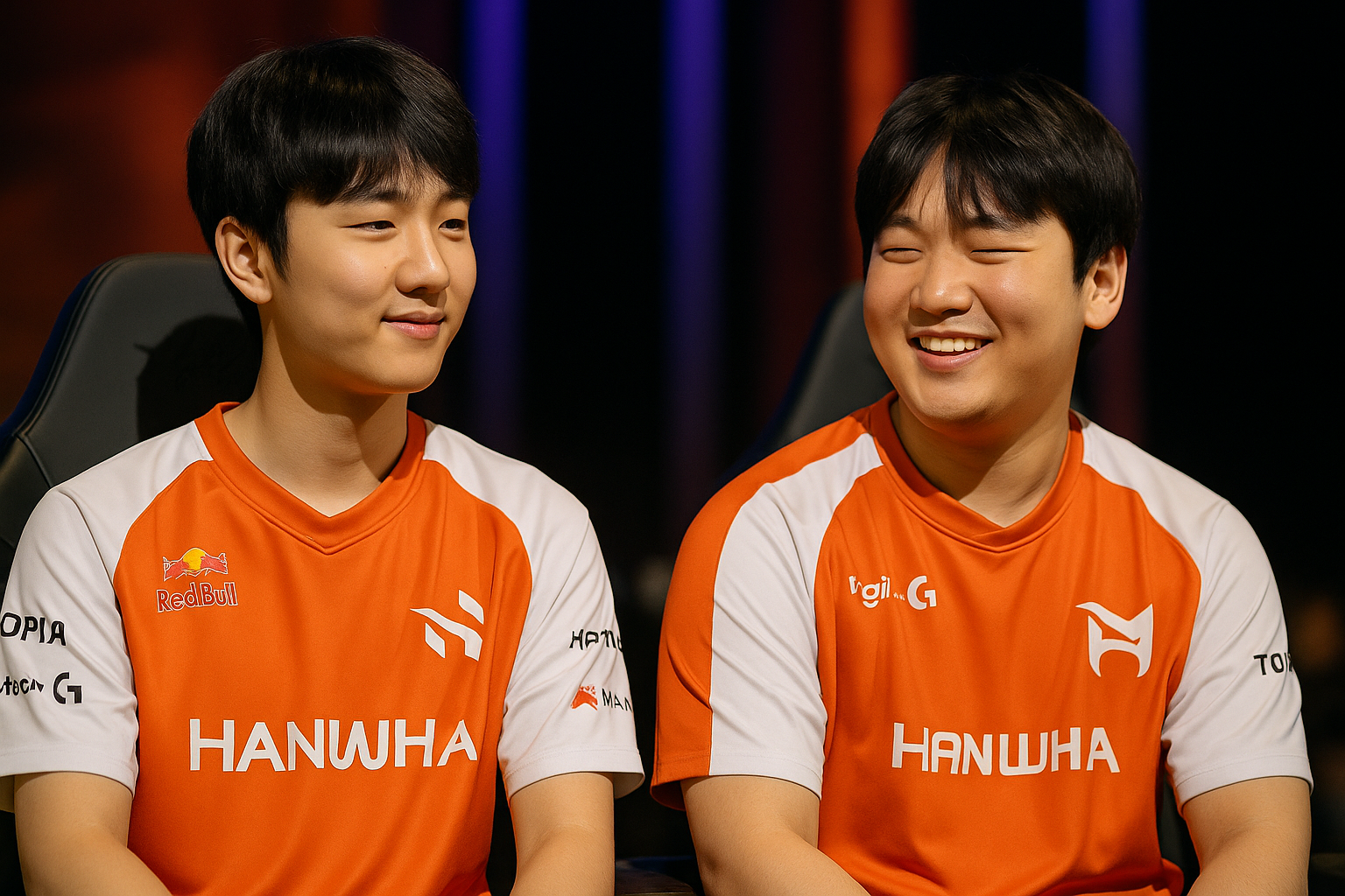 Gumayusi y Zeus sonriendo con la camiseta de Hanwha Life Esports en el escenario antes de la temporada 2026 de League of Legends