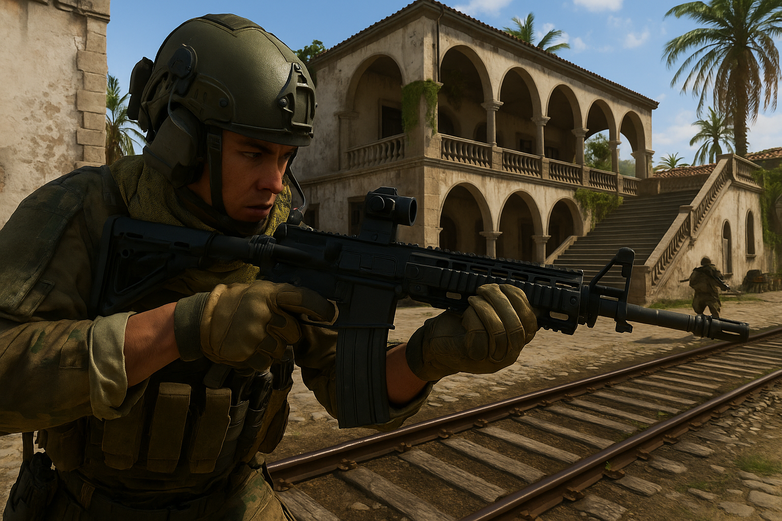 Soldado de Black Ops 7 avanzando por un mapa mediterráneo durante una partida competitiva del evento Proving Grounds