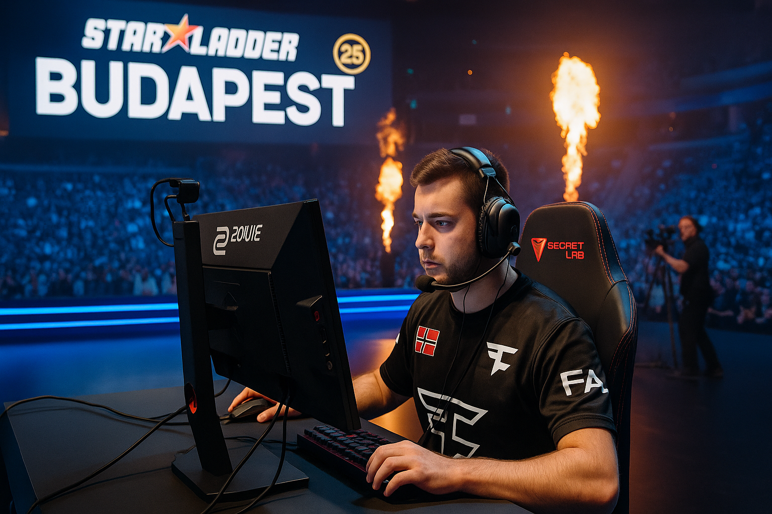 Jugador profesional concentrado frente al PC en el escenario del StarLadder Budapest Major 2025 con la arena llena de público